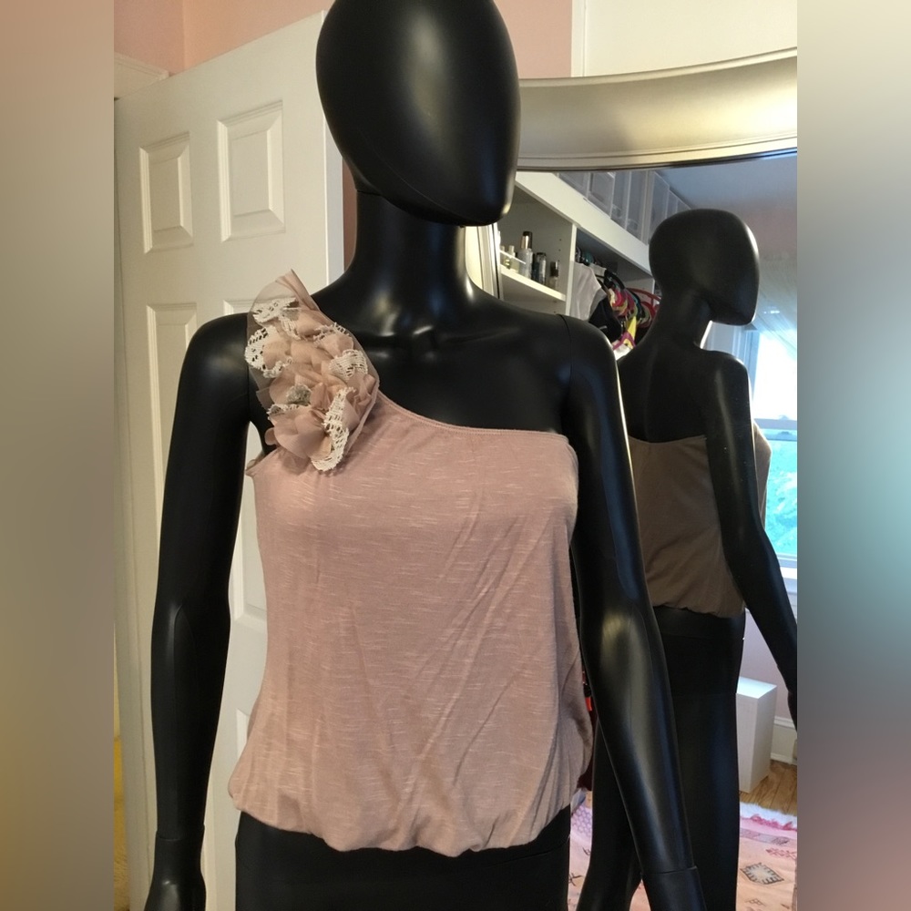 Beige one shoulder top with flower detail